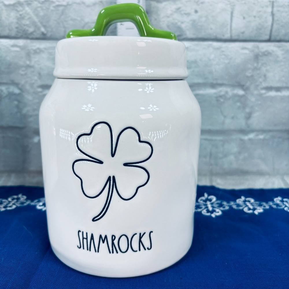 Rae Dunn SHAMROCKS Chubby Canister With Lid St. Patrick's Day Irish White Green